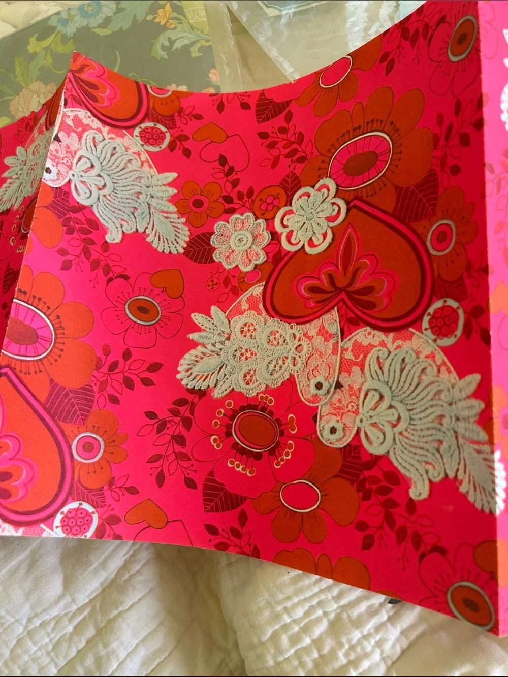Vintage Vibrant Pink & Orange Floral Decorative Gift wrap with Lace Appliqué 1